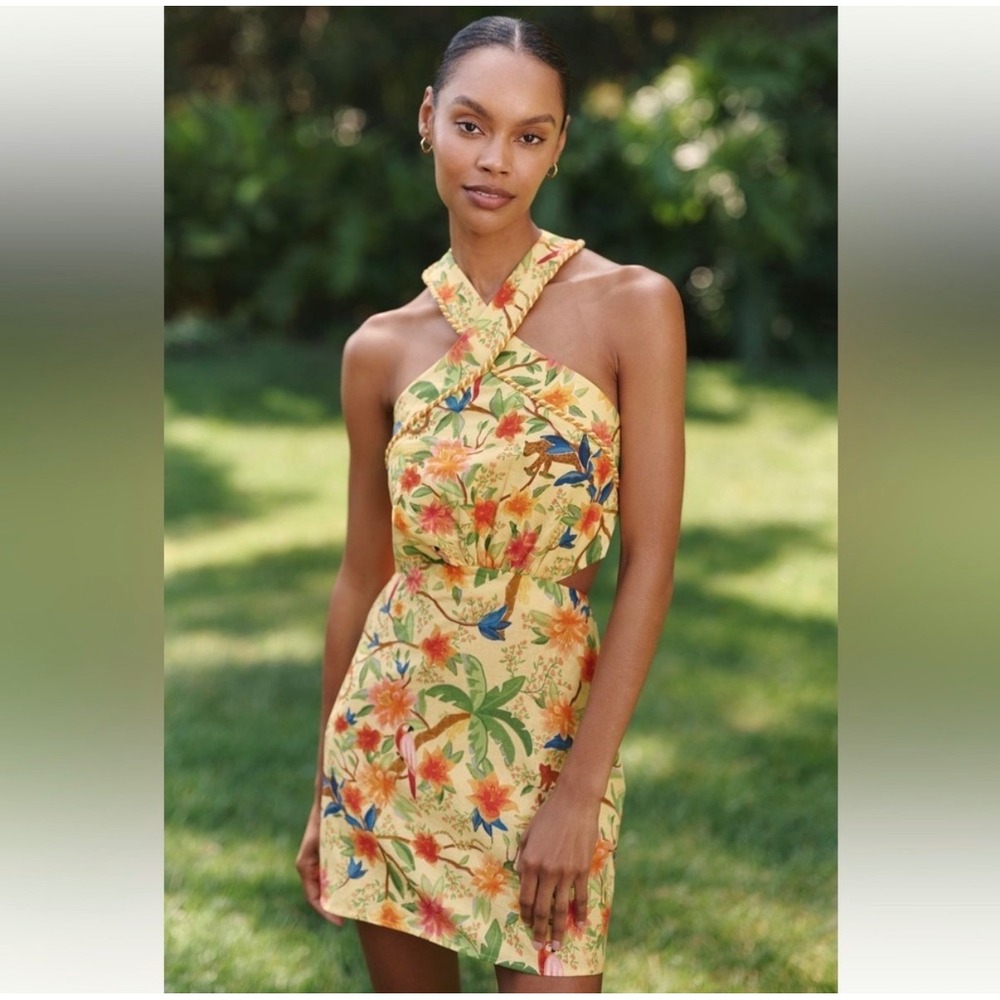 Farm Rio x Anthropologie Yellow Tropical Jungle Halter Mini Dress Size M NWT